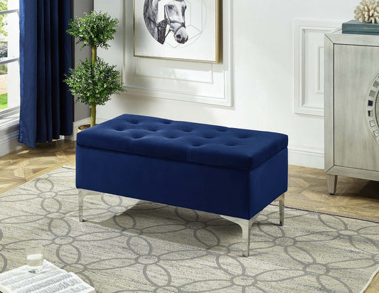 Blue Velvet Storage Bench with Deep Tufting and Chrome Legs