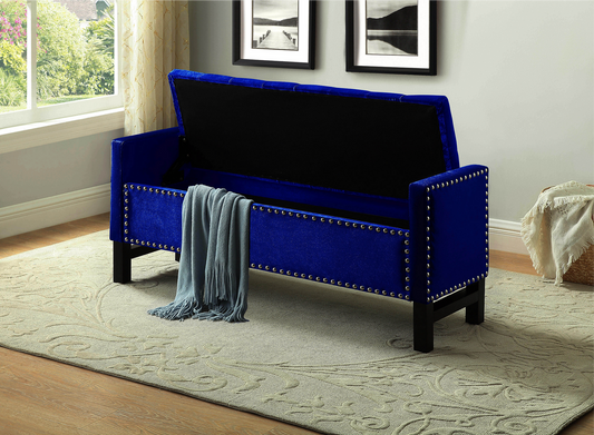 Blue Velvet Storage Bench with Chrome Nailhead Details