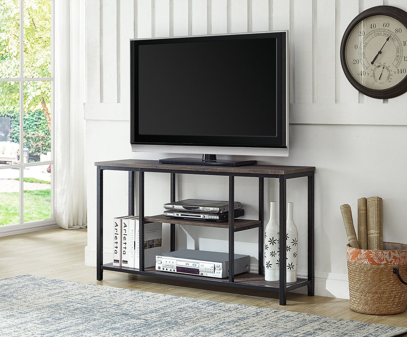 TV Stand With Distressed Wooden Top and Metal Base