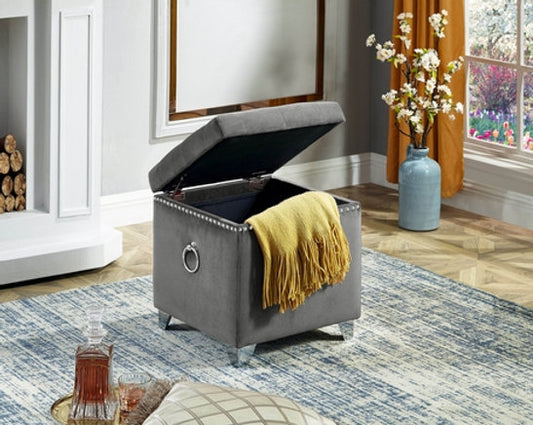 Grey Velvet Square Storage Ottoman with Deep Tufted Seat